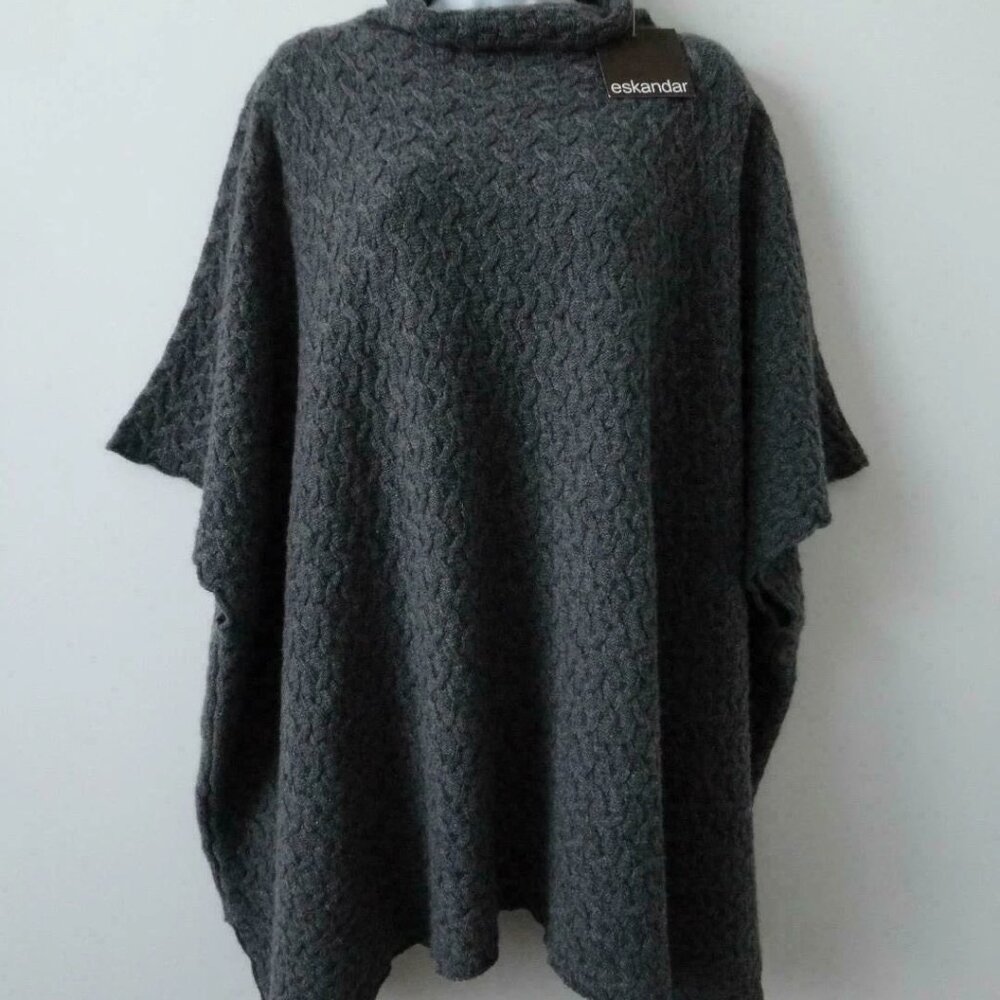 NWT ESKANDAR Grey Funnel Neck Half Cable 2 Ply Cashmere Poncho Sweater OS